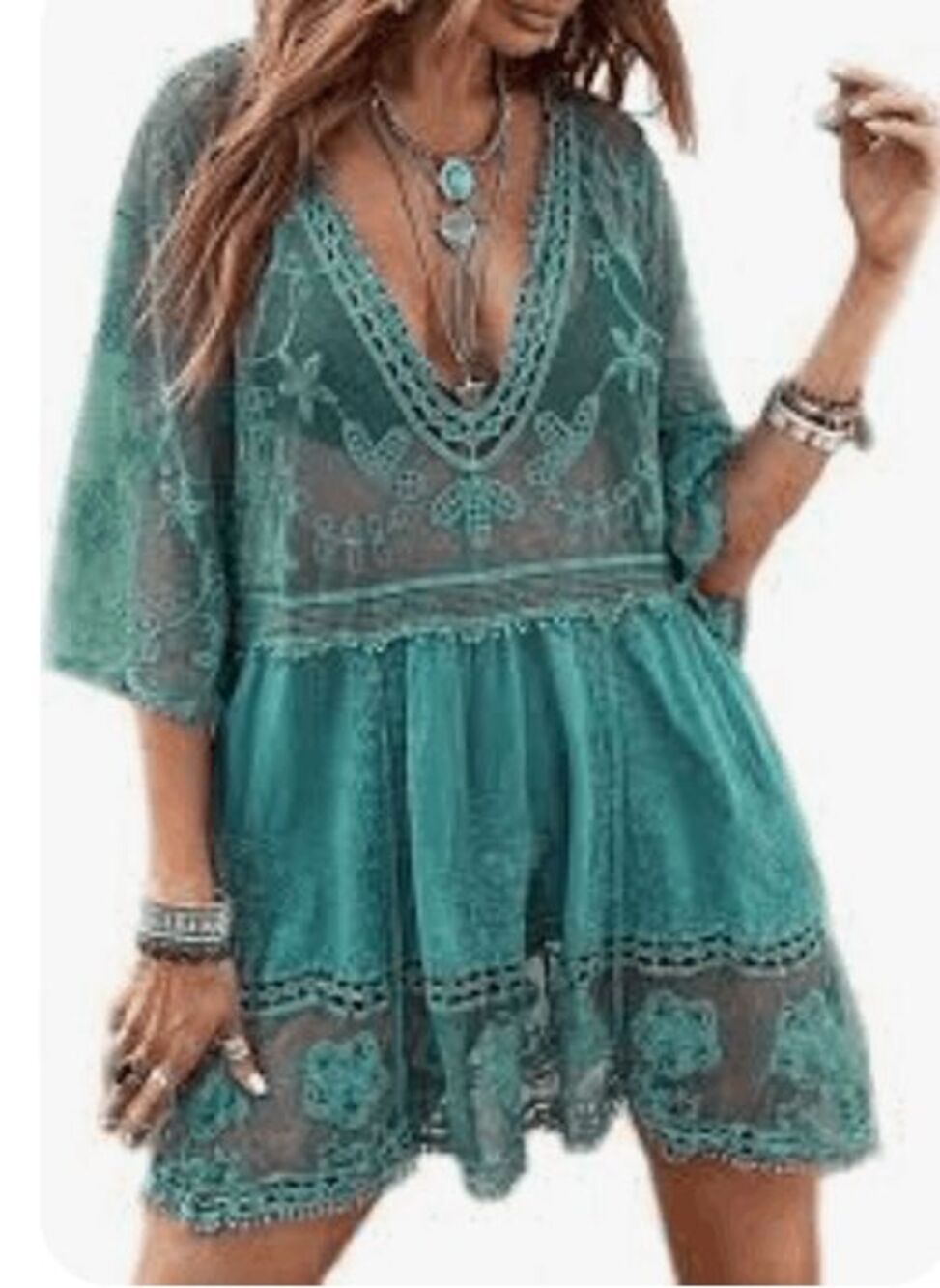 Tik Toc BOHO teal V-neck lace beach cover-up floral crochet embroidery half sle